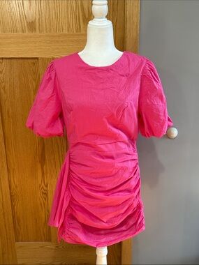 Hot Pink Puff-Sleeve Ruched Mini Dress